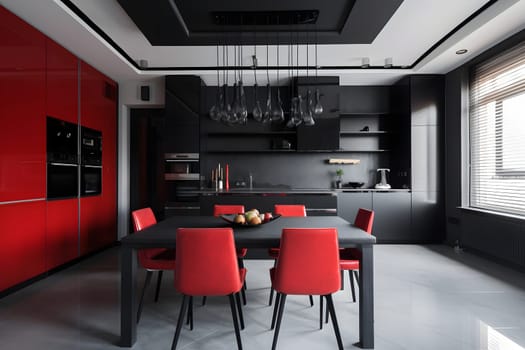 Black and red kitchen interior. Meeting area dining room. Neural network generated in May 2023. Not based on any actual scene or pattern.