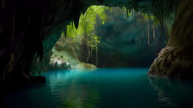view from deep within a cave of a turquoise blue lake. Neural network generated in May 2023. Not based on any actual scene or pattern.