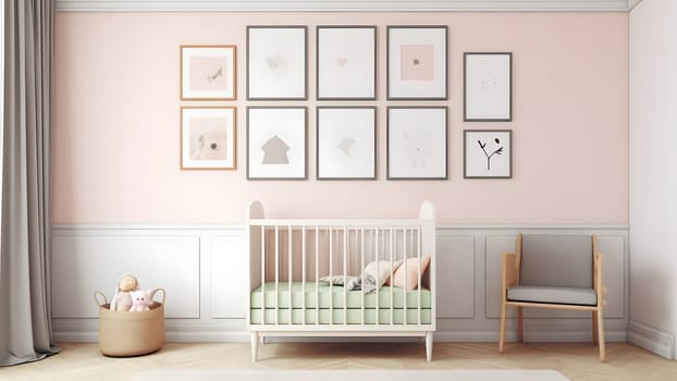 Bright white minimalist nursery wall with frames above cradle. Neural network generated in May 2023. Not based on any actual person, scene or pattern.