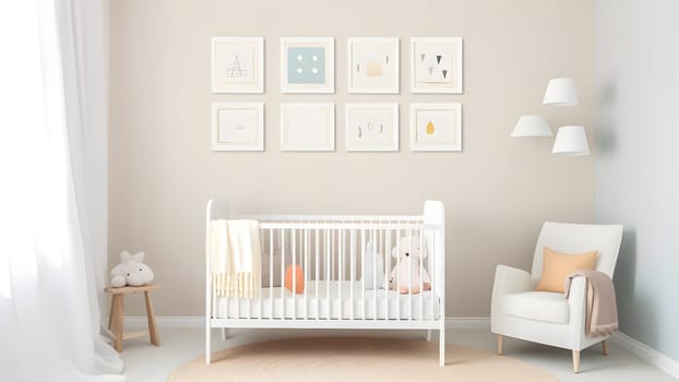 Bright white minimalist nursery wall with frames above cradle. Neural network generated in May 2023. Not based on any actual person, scene or pattern.