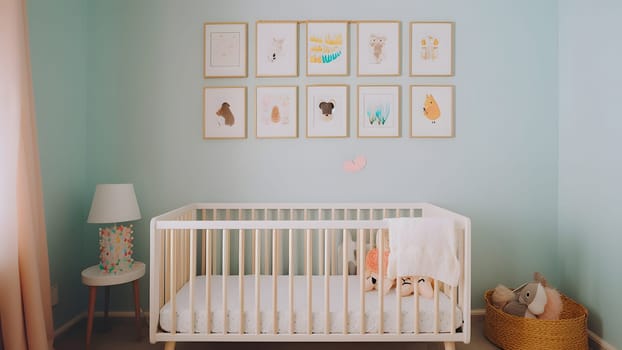 Bright white minimalist nursery wall with frames above cradle. Neural network generated in May 2023. Not based on any actual person, scene or pattern.
