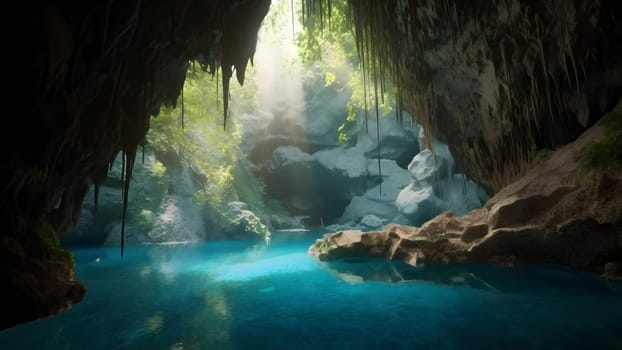 view from deep within a cave of a turquoise blue lake. Neural network generated in May 2023. Not based on any actual scene or pattern.