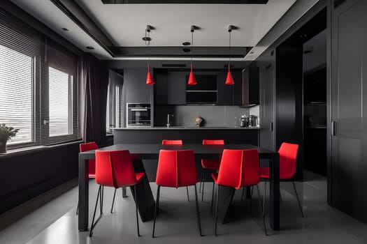 Black and red kitchen interior. Meeting area dining room. Neural network generated in May 2023. Not based on any actual scene or pattern.