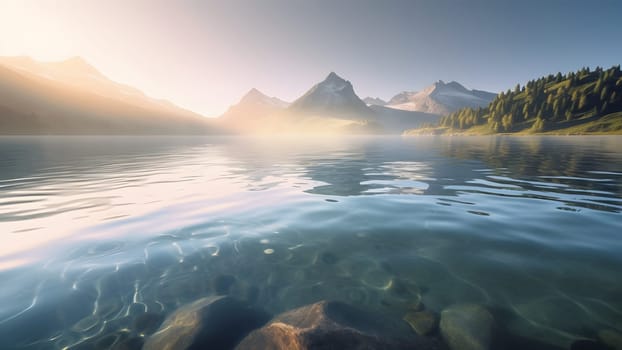 Swiss mountain lake with shallow very clear water at summer sunrise. Neural network generated in May 2023. Not based on any actual scene or pattern.