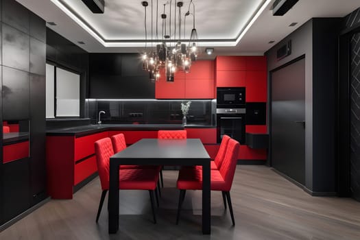 Black and red kitchen interior. Meeting area dining room. Neural network generated in May 2023. Not based on any actual scene or pattern.