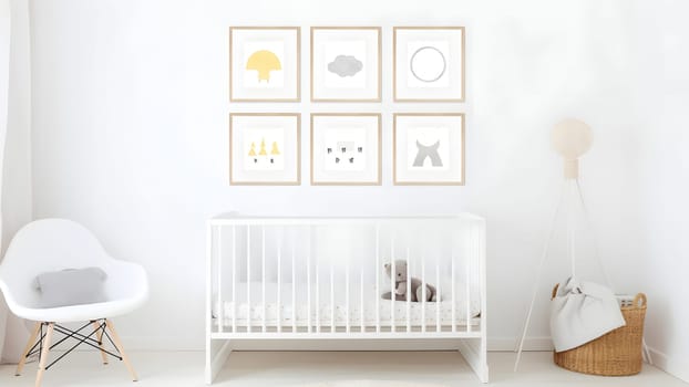 Bright white minimalist nursery wall with frames above cradle. Neural network generated in May 2023. Not based on any actual person, scene or pattern.