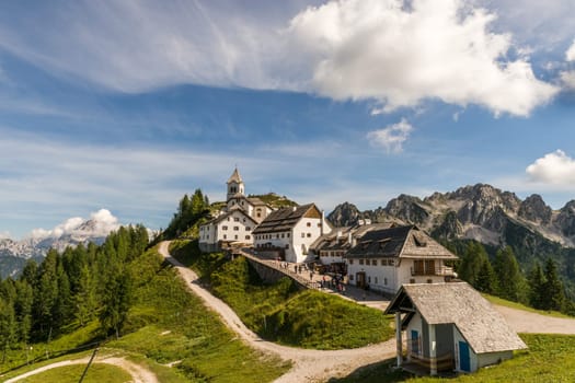 View over the small village and the pilgrimage church of the Sanctuary of Monte Lussari at 1790 m.