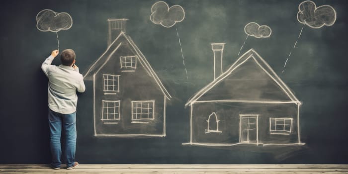 Person sketches dream homes on chalkboard, concept of planning and aspiration.content related to real estate, insurance, architecture, dreams of the future or setting personal goals.