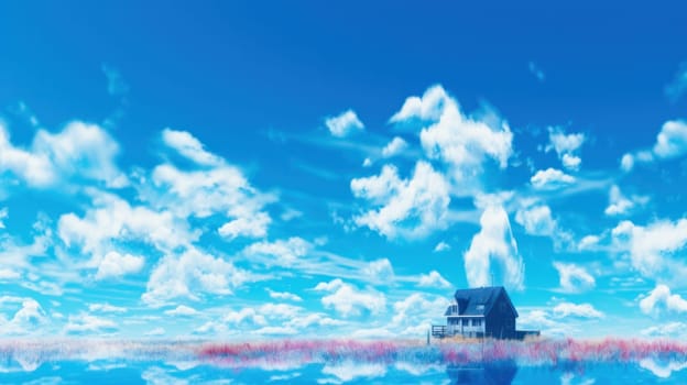 A fantastical house floating on a serene ocean under a vibrant blue sky with fluffy clouds.Abstract background