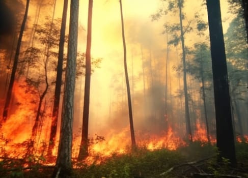 Devastating forest fire engulfing tall trees, with smoke and flames.