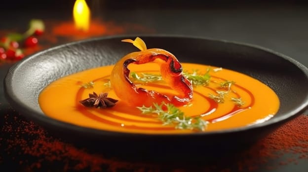 Artful presentation of creamy pumpkin soup with a pepper garnish in a dark bowl.