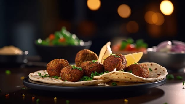 Delicious falafel balls on a plate with pita and lemon, garnished with parsley.