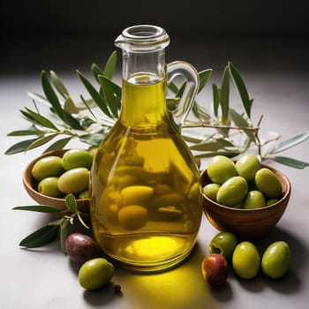Glass jug of olive oil with fresh olives and leaves.Olive Oil Elegance.