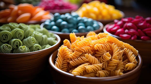 Assorted colorful pasta in bowls, vibrant Italian cuisine. Colorful Pasta Assortment.