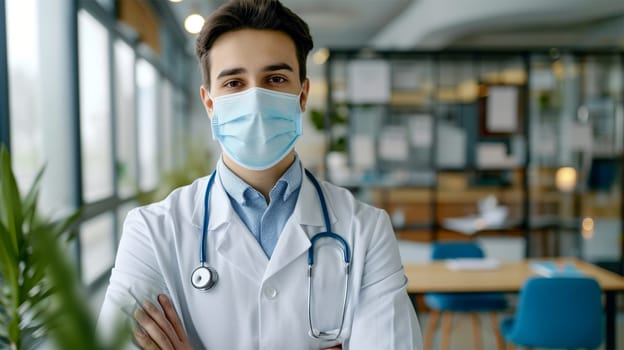 Professional male doctor with arms crossed wearing a mask in a medical clinic.