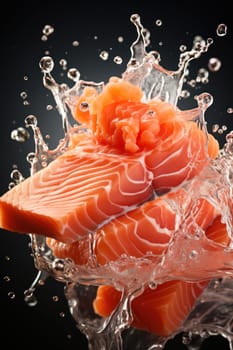 Fresh salmon fillet splashing into water with dynamic droplets.