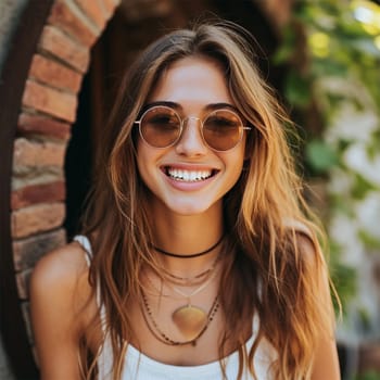 Smiling woman with round sunglasses and layered necklaces.