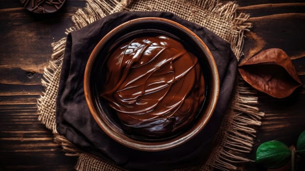 Gourmet dark chocolate cream in rustic bowl with hessian fabric.