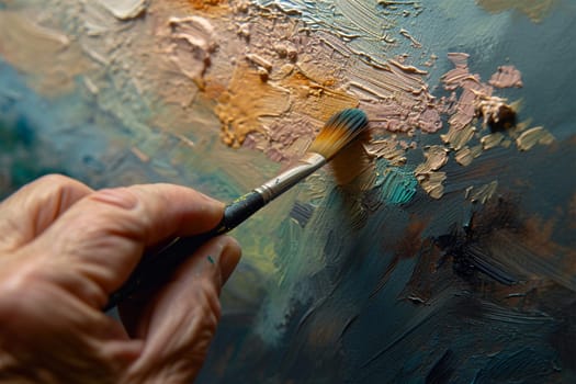 Close-up of the hand of a restoration artist with a brush, smearing dust from the canvas.