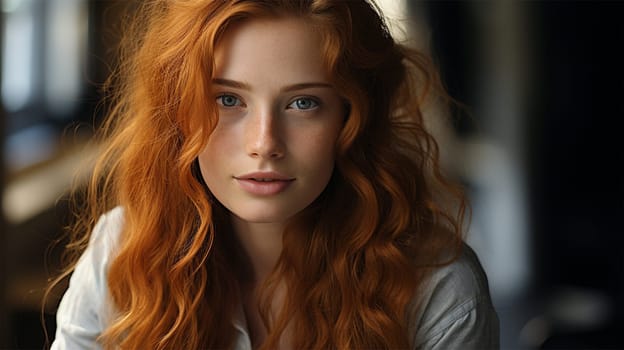 Red-haired woman with dreamy expression in natural light, blurred background.