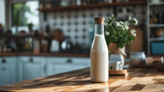 bottle of milk on the table in a bright kitchen, copy space