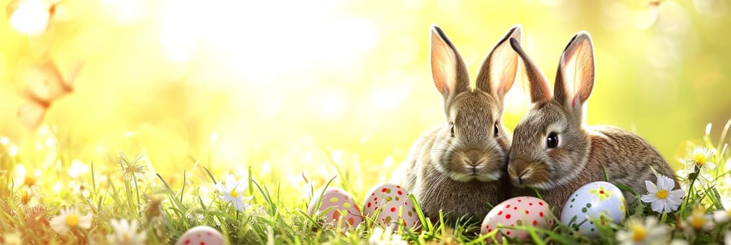 Two rabbits nestled among Easter eggs on sunlit spring grass.
