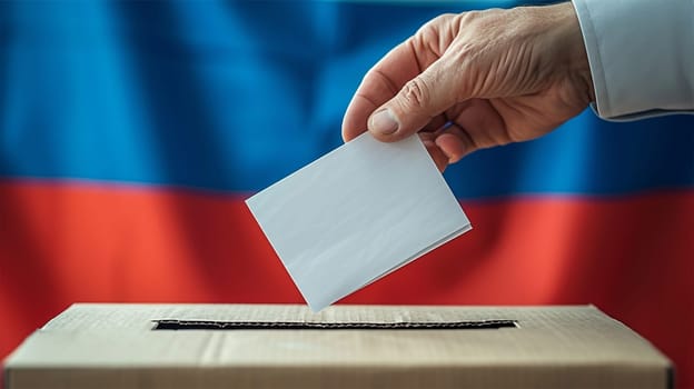 Hand casting ballot with national flag backdrop