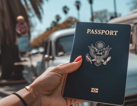 Close-up of a hand holding a passport on a city street.