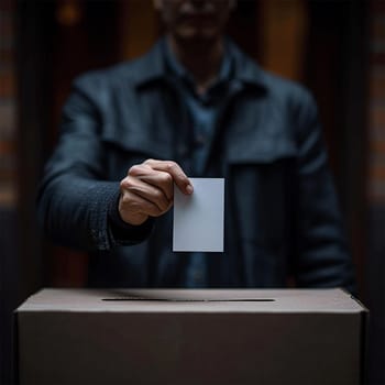 A man placing a voting card into a ballot box, focus on foreground with blurred background.