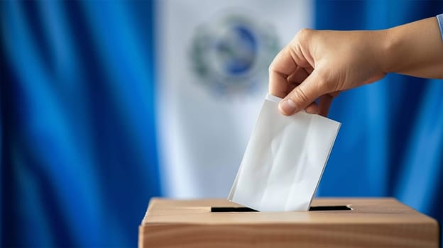 Hand casting ballot with national flag backdrop