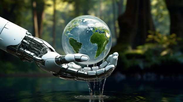 A robot hand gently holding a transparent globe against a forest backdrop. Eco concept, ecology, clean energy and environment.