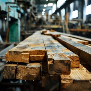 Close-up of processed wooden planks stacked in a carpentry workshop.