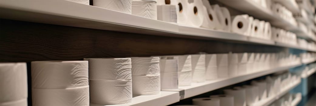 Rows of paper products are lined up on the shelves of a store or hotel.