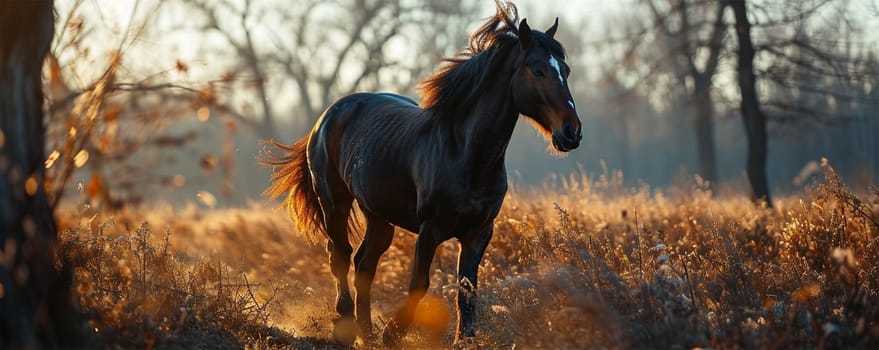 A black horse gallops freely in a golden field at sunset.