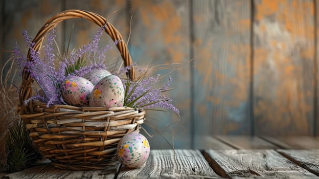 Wicker basket filled with decorated Easter eggs and fresh snowdrop flowers in a rustic wooden setting.