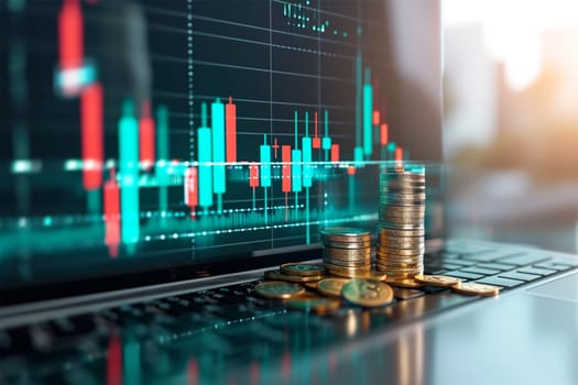 Coins stacked on a laptop with financial growth charts in the background.