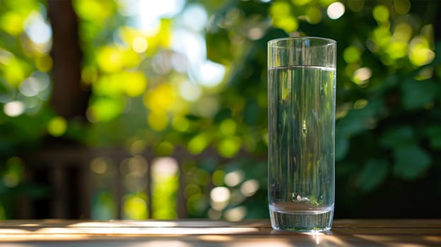 Clear glass of water on a wooden surface with a backdrop of lush green leaves.