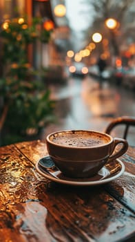 Cozy Coffee Moment on Rainy Day. Cup of coffee on table with rain and bokeh lights.