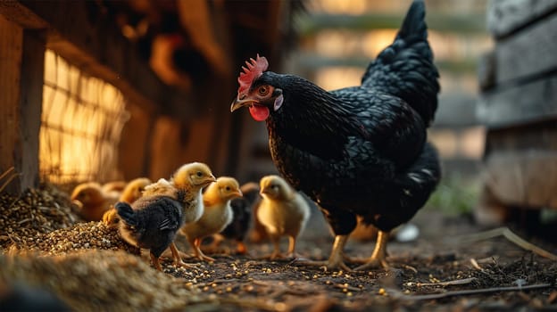 Mother black hen leading her chicks outside the coop at dawn.