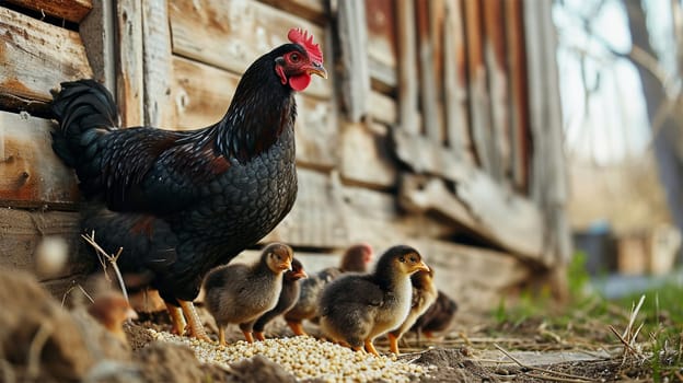 Mother black hen leading her chicks outside the coop at dawn.
