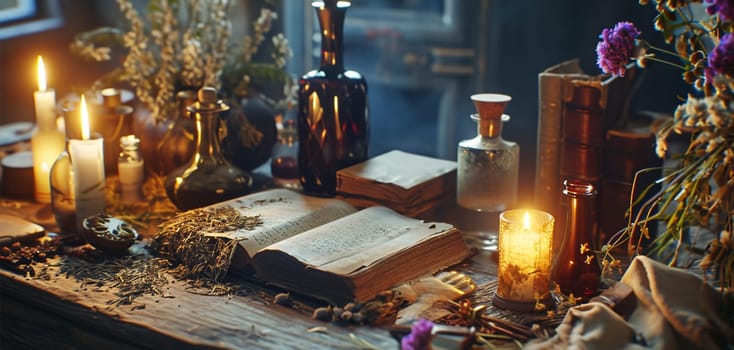 A magical setting with an open old book, lit candles, and antique bottles.