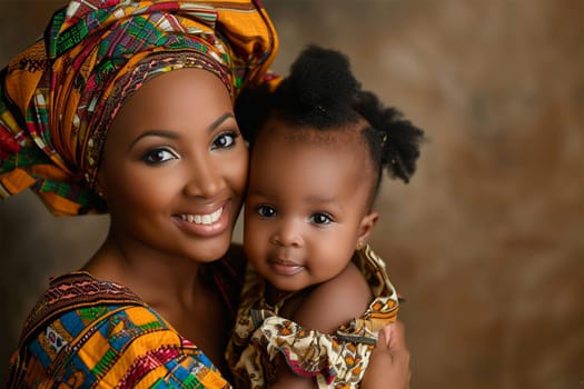 A smiling African American mother in colorful clothing holds her baby, both with curly hair, in a loving embrace.