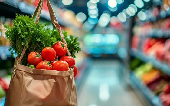 Eco-Friendly Grocery Bag full of fresh vegetables with a blurred supermarket aisle background.