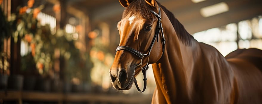 A majestic brown horse with a halter in a sunlit stable.