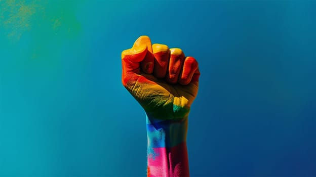 Painted fist raised against a blue background