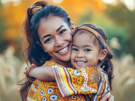 Smiling mother hugging young daughter outdoors.