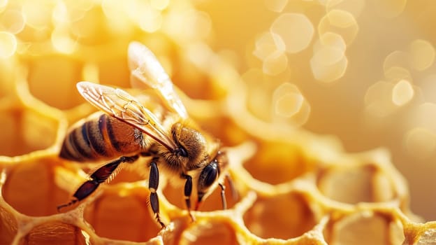 Close-up of a honeybee working on a glistening honeycomb in the sunlight.