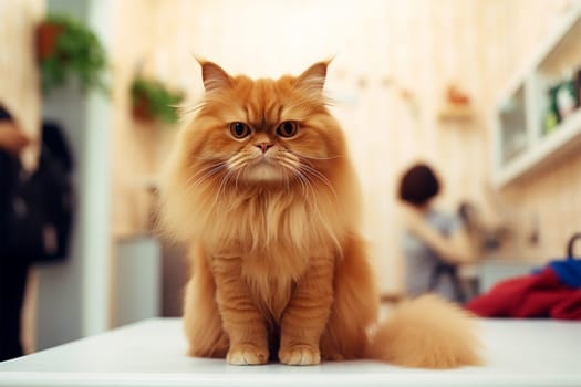 Fluffy ginger Persian cat with piercing gaze in a cozy room, blurred background.