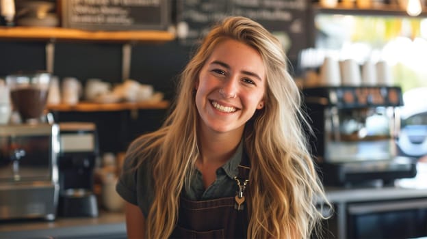 young smiling blonde barista .Smiling young woman with apron in a cafe.