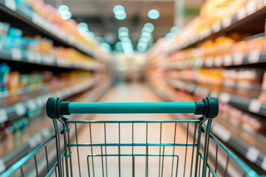 Shopping cart view with blurred grocery store aisle in background.